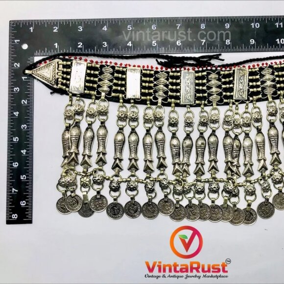 Tribal Choker Necklace With Fish Motifs and Vintage Coins, Afghan Fish Choker - Picture 7 of 9